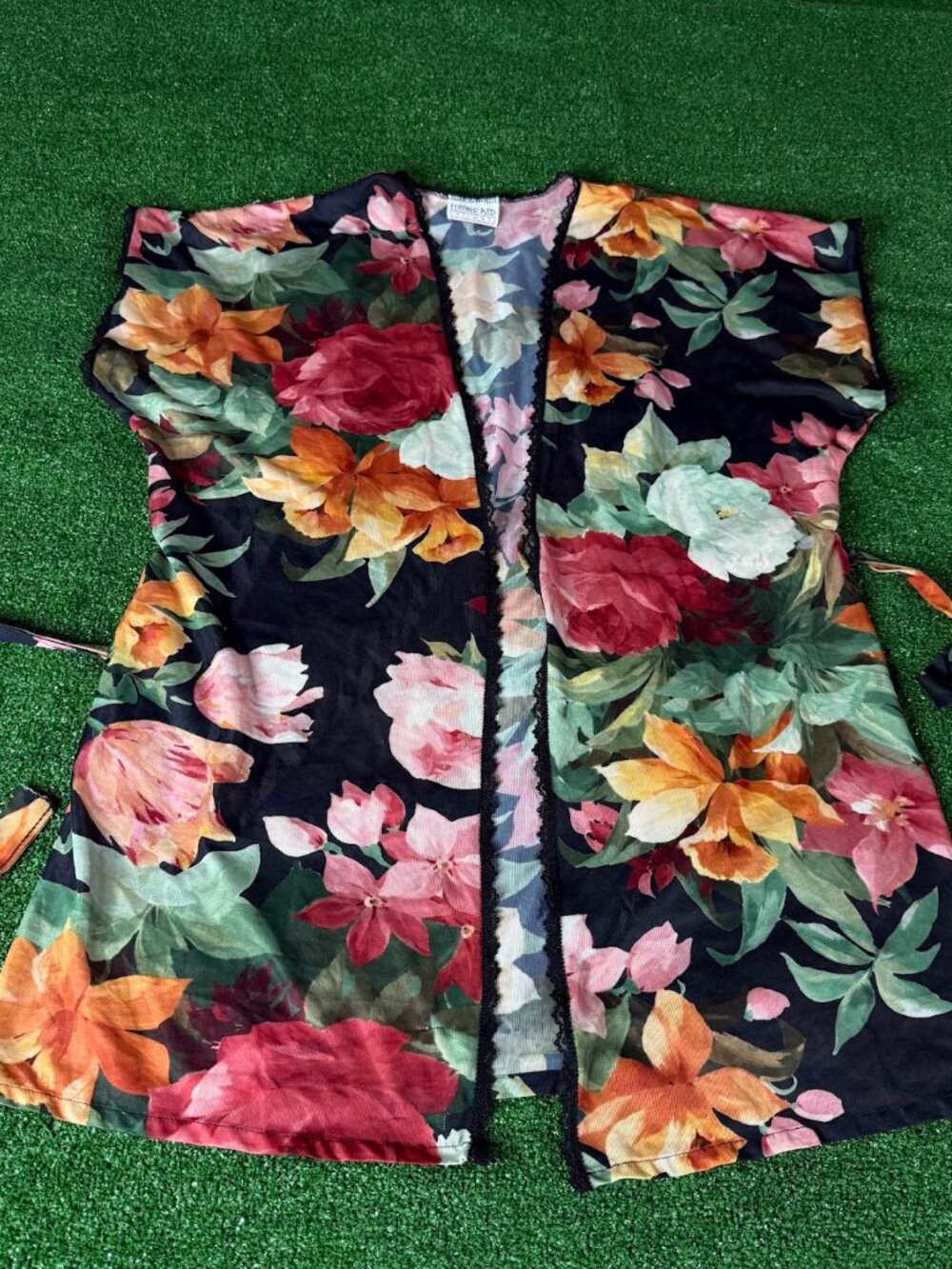 Vintage Feather Bed Floral Nylon Peignoir Bed Jacket Open Front Short Robe OS
